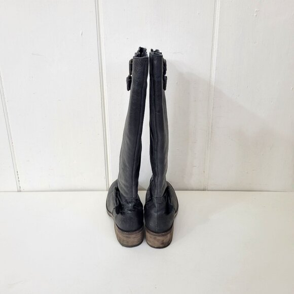 Circle G Distressed Black Leather Knee-High Boots With Buckle Detail & Stacked H - Picture 4 of 11